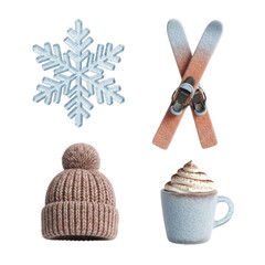 Snowflake, skis, beanie, and hot chocolate isolated on transparent background