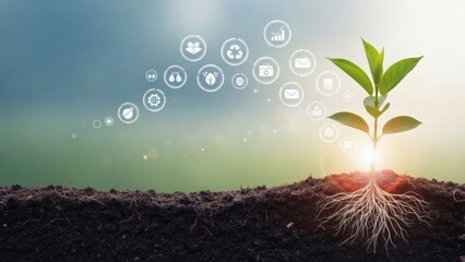 Sustainability growth concept. Seedling and digital eco icons emerging from soil with morning sunlight.
