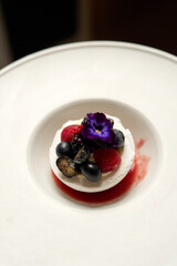 Berry Pavlova Dessert served on white plate, closeup