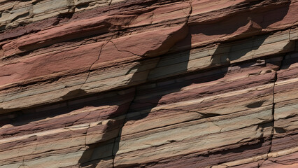 Natural rock layers showcasing distinct horizontal bands of red and tan geological strata, a textured background revealing ancient geological processes