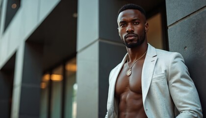Confident black man with muscular torso poses shirtless in white suit jacket. Handsome african american guy with beard looks seriously at camera. Stylish male model stands outdoors in urban city