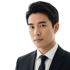 Professional asian businessman in a dark suit and tie with a serious expression isolated on transparent background