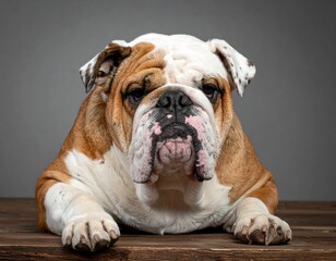 Obraz premium Large bulldog resting on a wooden surface with a plain background indoors in soft light during the day