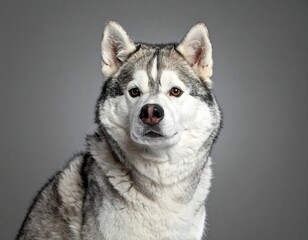 Fototapeta premium Siberian husky stands still in front of a gray background while looking to the side during a studio session