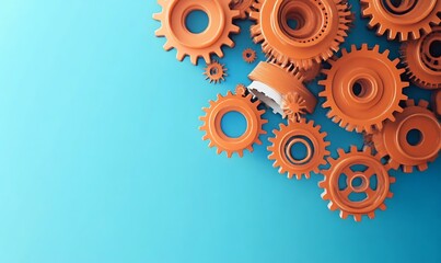 Gears on the blue background representing the concept of a mechanical machine