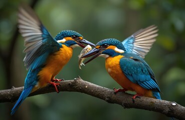 Two kingfishers share fish on branch. Vibrant blue, yellow birds engage in feeding behavior within tropical forest setting. Intense focus captures natural wildlife interaction, beautiful plumage.