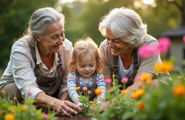 Grandmothers with grandchild planting flowers in garden. Elderly women teach child about plants, nature, soil. Intergenerational family gardening together, share joy in sunshine. Florists caring
