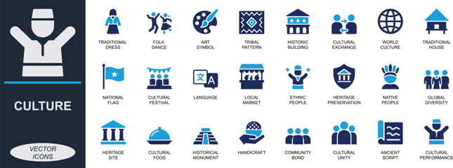 Culture icon set. Featuring tradition, heritage, diversity, folk, language, festival, and art symbols. Perfect for UI, education, tourism, and cultural design projects.