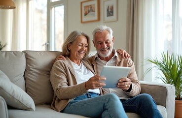 Happy senior couple at home. Elderly woman and man sit on sofa looking tablet screen. Smiling grandparents use tech for video call or online. Modern seniors in living room enjoy retirement.