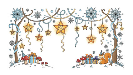 Holiday Illustration: A whimsical illustration with a festive scene, featuring sparkling stars, falling snowflakes, wrapped gifts, a woodland squirrel, and decorative hanging lights.