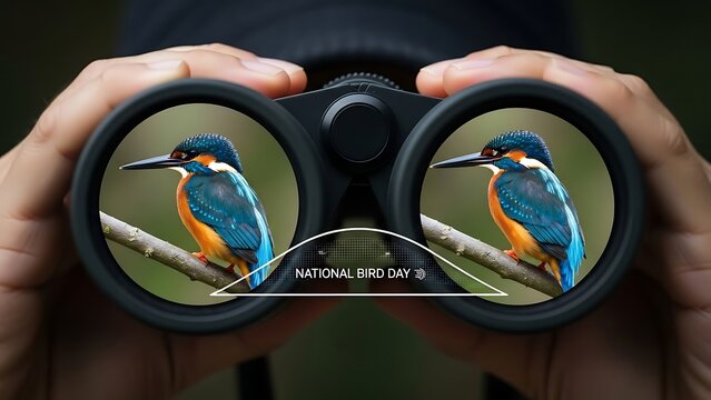 Observing a colorful common kingfisher bird perched on tree branch through powerful binoculars view
