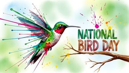 National bird day watercolor splatter art hummingbird flying past branch colorful abstract illustration