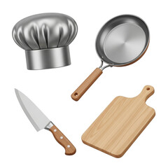 Chef hat, knife, cutting board and frying pan isolated on transparent background
