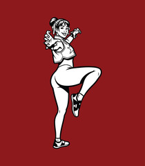 Retro comic style girl in crop top doing dynamic high kick dance pose vector illustration