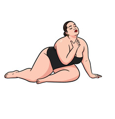 Obraz premium Curvy plus size woman model in black bodysuit posing sitting on floor vector illustration