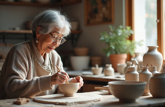 Senior woman works with ceramic bowl at pottery workshop studio. Elderly asian female artisan enjoys art hobby. Mature lady crafting at class, learning traditional pottery skills. Pottery works on - Powered by Adobe