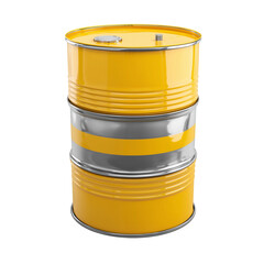 Bright yellow metal drum with silver bands on black background industrial storage container