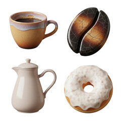 Coffee cup, coffee bean, teapot, and donut isolated on transparent background