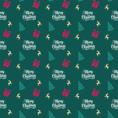 Cute kawaii Christmas pattern with deep green background