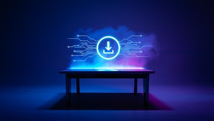 Download icon with circuit lines on a glowing table, cloud data