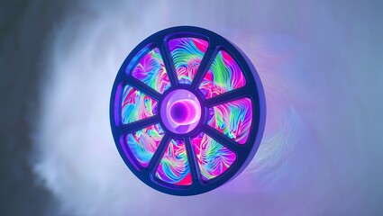 Technological wheel displaying bright neon algorithmic visuals