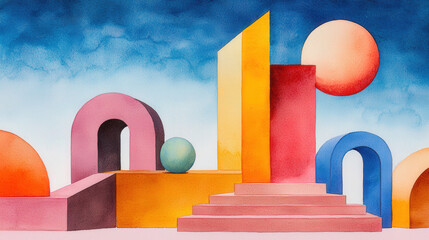 Vibrant watercolor composition of geometric arches, steps and spheres in pastel hues evoking playful surreal architecture