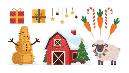 Christmas and Holiday Set: An assortment of festive holiday elements and decorations, creating a sense of joy and anticipation. A snowman, gifts, candy canes, sheep, and barn.