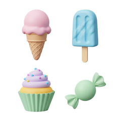 Assortment of sweet treats including ice cream, popsicle, cupcake, and candy isolated on transparent background