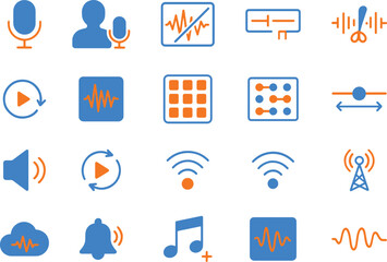 Set of audio and sound vector icons in modern flat style for web and graphic design UI or UX Kit