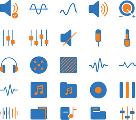 Set of audio and sound vector icons in modern flat style for web and graphic design UI or UX Kit
