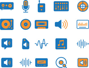 Set of audio and sound vector icons in modern flat style for web and graphic design UI or UX Kit