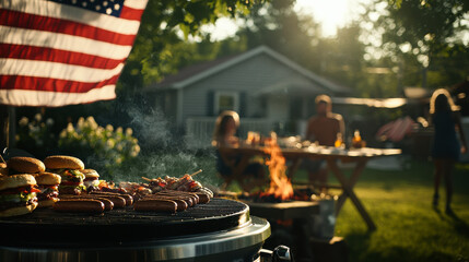 Patriotic Independence Day BBQ with Grill, Friends, and Flag