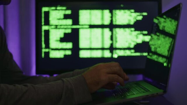 Hands typing on laptop keyboard with green terminal code glowing against purple backlight, closeup of fingers navigating shell and debugging output on dual screens, concentrated studio atmosphere
