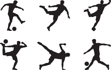 Soccer Player Silhouette Collection Dynamic Kicks and Moves, Football Athlete Silhouette Set in Action Poses. Vector black silhouette. with white background