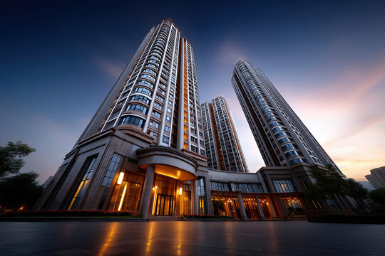 Modern high-rise buildings at dusk in an urban setting - Powered by Adobe