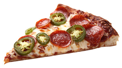 Spicy pepperoni and jalapeno pizza slice on black background