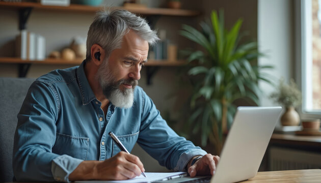 Mature man studies or works from home office. He uses laptop and writes in notebook. Person wears earphones. Successful freelancer or remote worker in casual shirt at desk. - Powered by Adobe