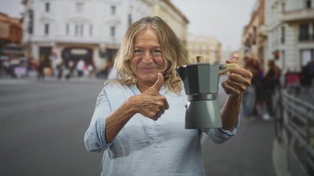 Older italian woman holding a stovetop coffee maker and giving thumbs up on a busy street; happy approval.