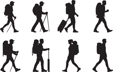 Obraz premium A collection of six walking people with backpacks, presented in a stark black silhouette style. Vector black silhouette. with white background