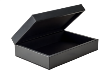 Sophisticated open dark container with an elegant lid, perfect for showcasing premium products, luxurious gift presentations, or organized storage solutions, presented on a pristine white backdrop