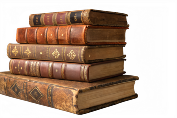 A stack of old, leather-bound books with ornate gold detailing, evoking a sense of history, knowledge, and timeless wisdom, perfect for literary or educational themes