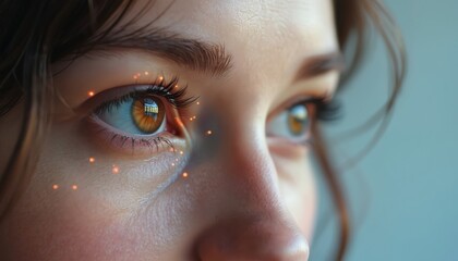 Close up of woman eye with glowing orange dots. Iris scan technology for facial recognition system. Future identity verification and access control.