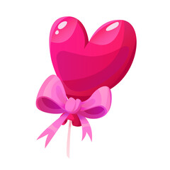 Coquette Valentine. Red Glossy Balloon In Shape Of Heart with Bow Isolated on a White Background. Vector Cartoon Illustration.