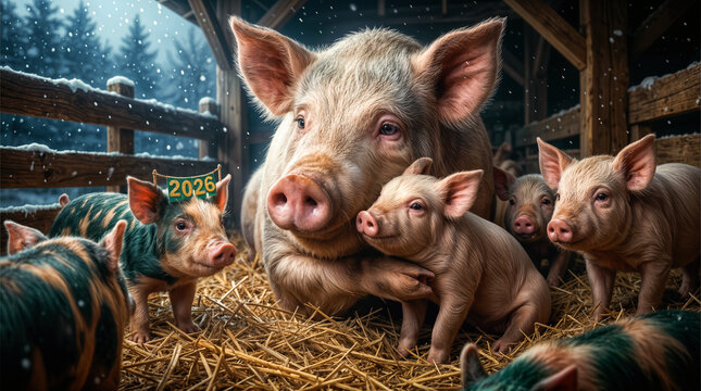 Schwein mit Ferkeln im winterlichen Stall &ndash; Muttersau kuschelt mit Nachwuchs, Neujahr 2026 auf dem Bauernhof