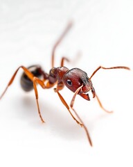Detailed Macro View of a Single Red Ant Isolated on Bright White Background