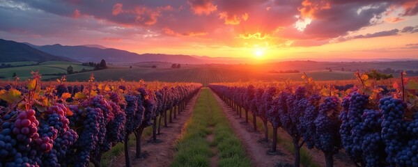 Obraz premium Vineyard rows with ripe purple grapes at scenic sunset. Golden sun sets over rural valley with mountains. Beautiful agricultural landscape in wine country during autumn harvest. Grapevines plantation
