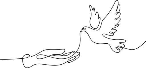 Flying dove from hand of One continuous line drawing. Dove symbol of peace and freedom in simple linear style. one line Icon drawing