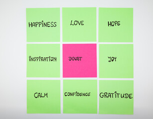 Colorful sticky notes with positive words surrounding a central pink note labeled “doubt” symbolizing mindset, motivation, resilience, and personal growth.