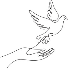 Flying dove from hand of One continuous line drawing. Dove symbol of peace and freedom in simple linear style. one line Icon drawing