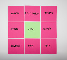 Colorful sticky notes with negative words surrounding a central pink note labeled “love” symbolizing mindset, motivation, resilience, and personal growth.